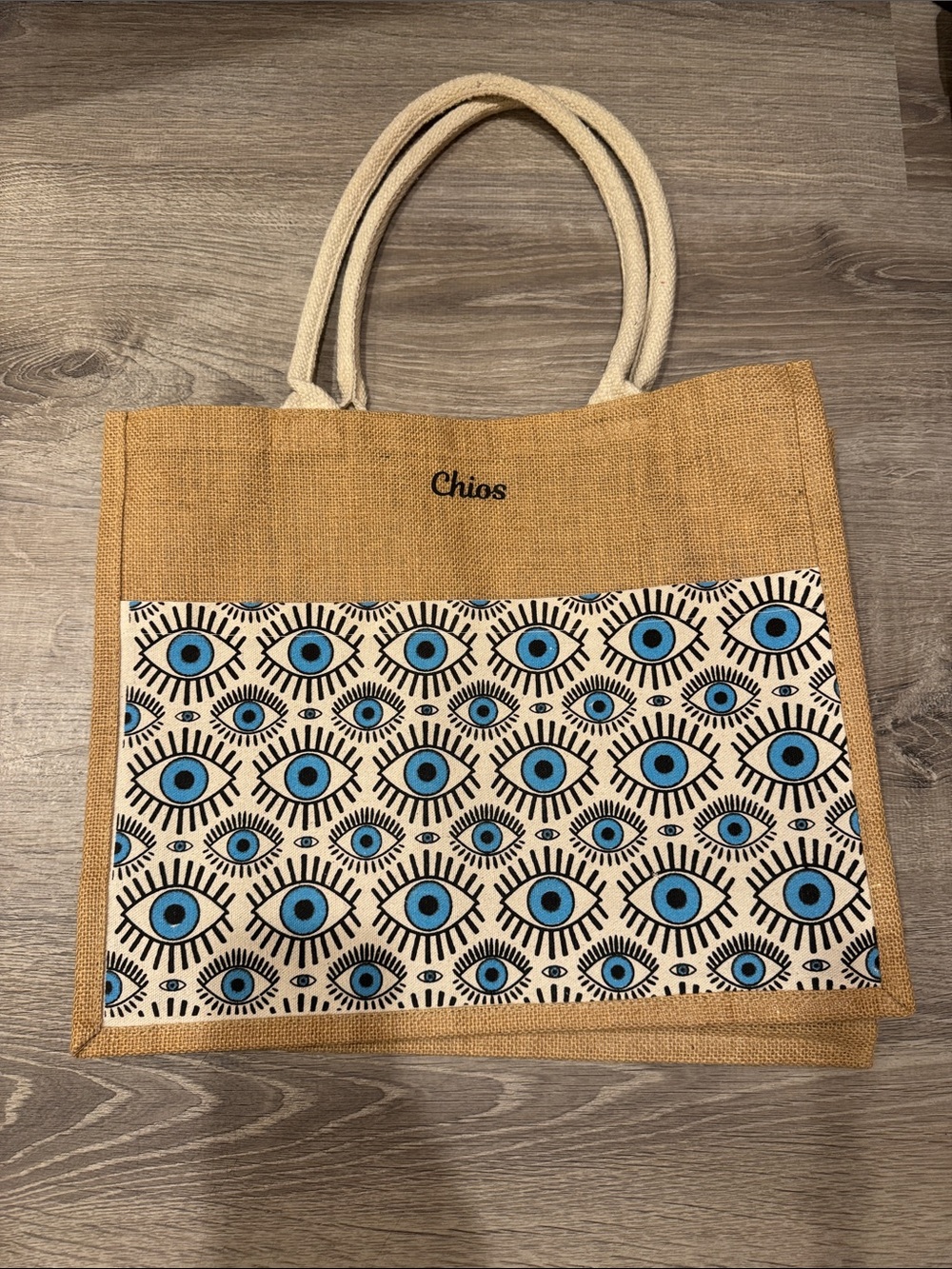 Chico's Beige Jute Tote with Blue Eye Print Panel